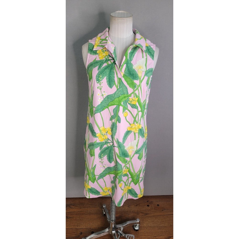 J McLaughlin Shift Dress Small Pink Floral Sleeveless Collared V-Neck Cala Lily